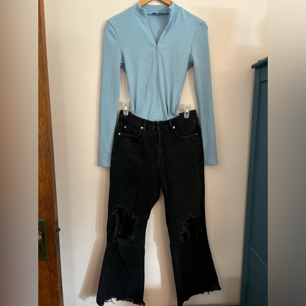 Outfit #4 Blue Zip Up long sleeve Bodysuit and Black BDG Jeans